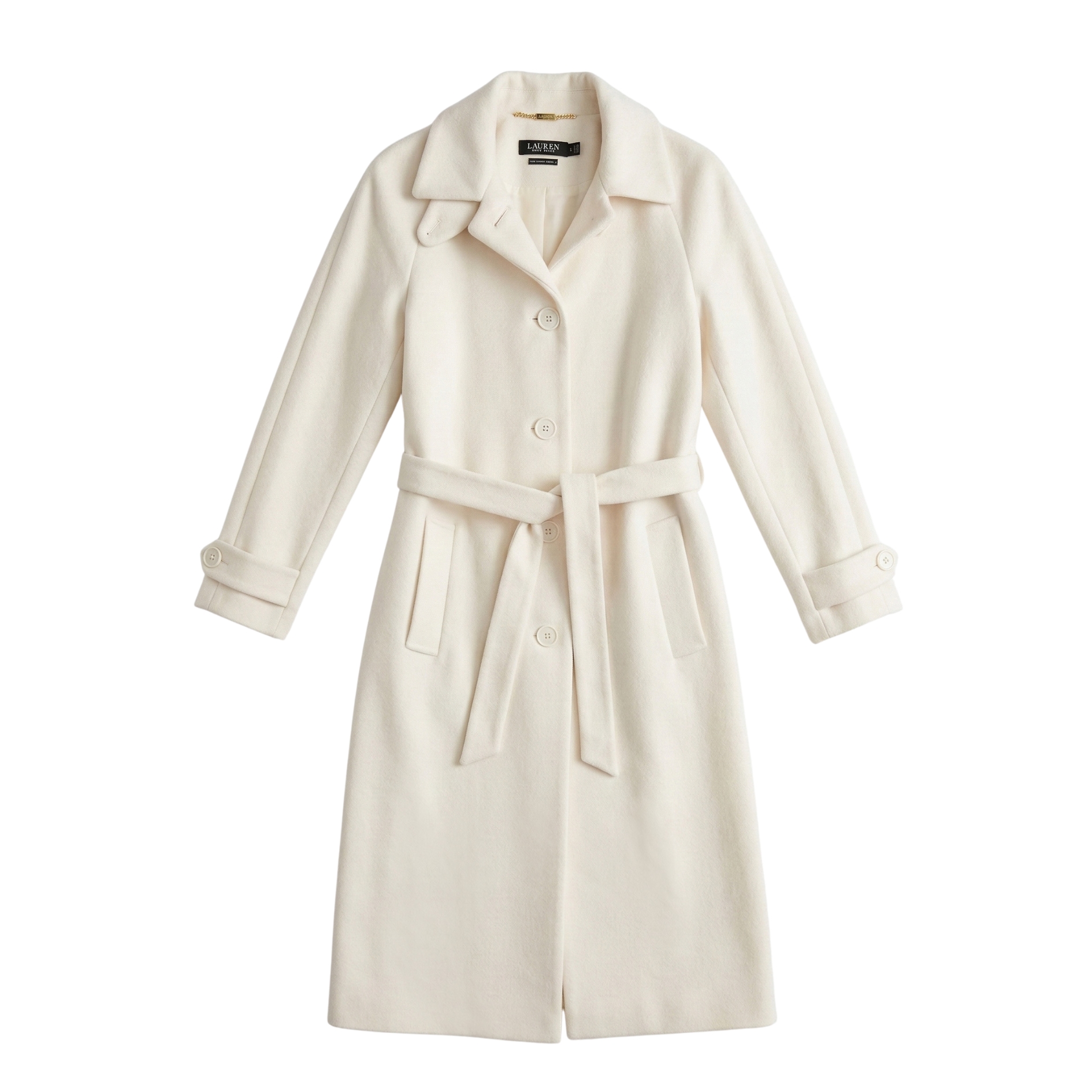 Casaco comprido branco com cinto e botões