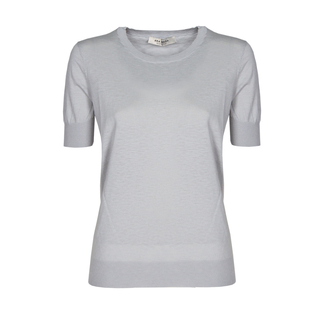 T-shirt feminina cinzenta clara de malha fina com gola redonda e mangas curtas
