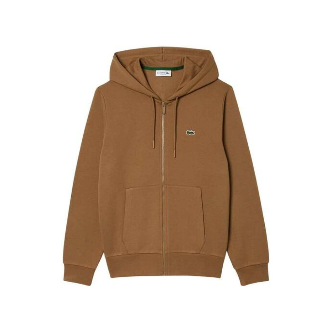 Casaco com capuz castanho Lacoste com fecho de correr e bolsos frontais
