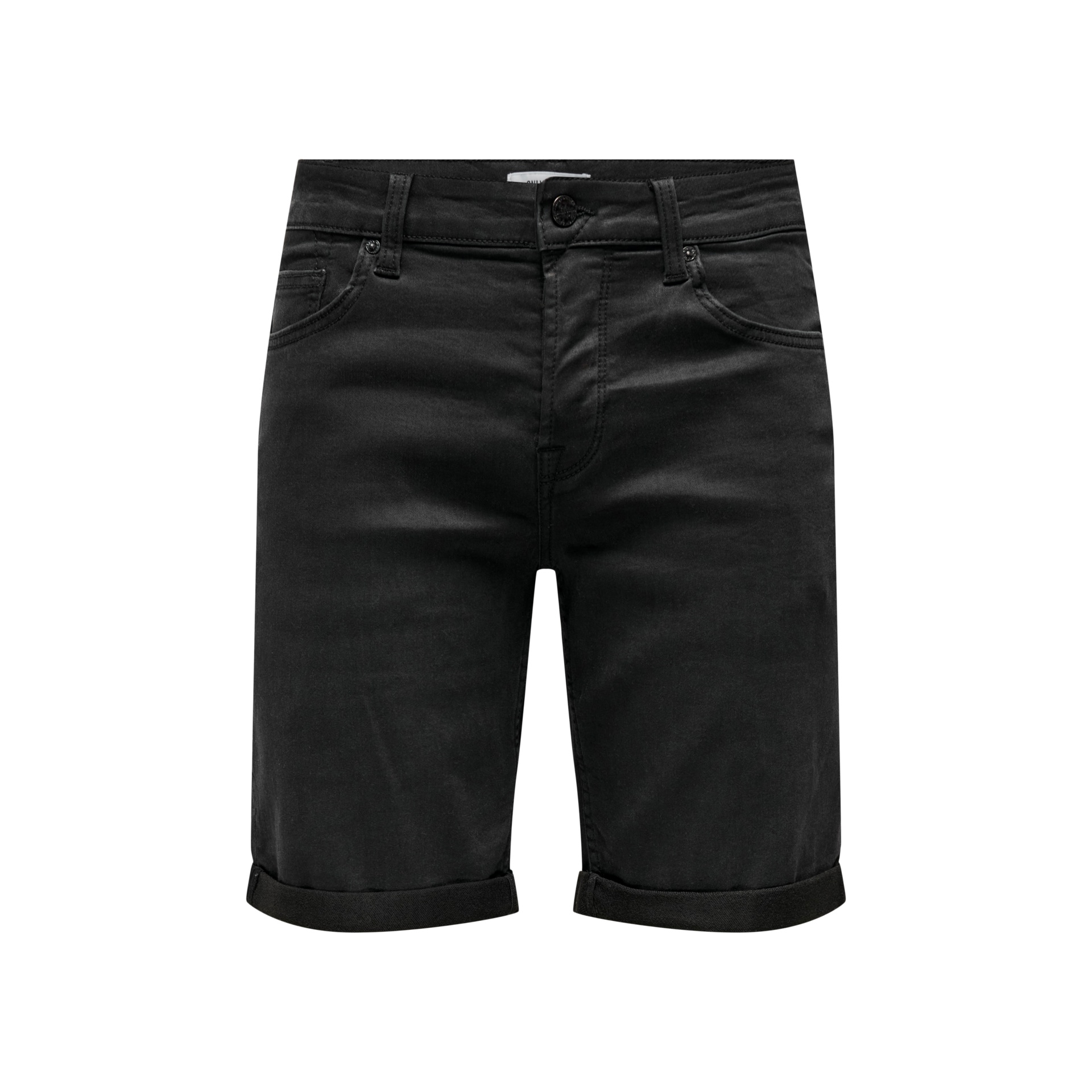 Calções pretos de ganga com bolsos e bainhas viradas