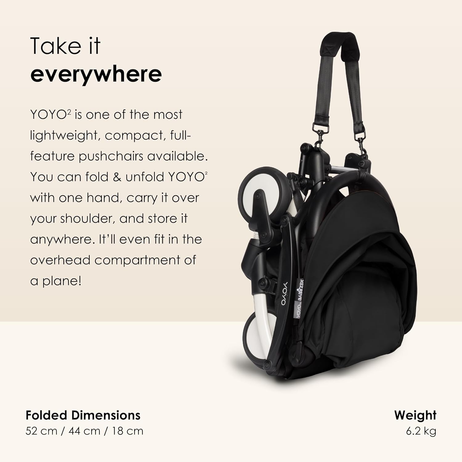 Carrinho de bebé YOYO² dobrado preto com alça de transporte