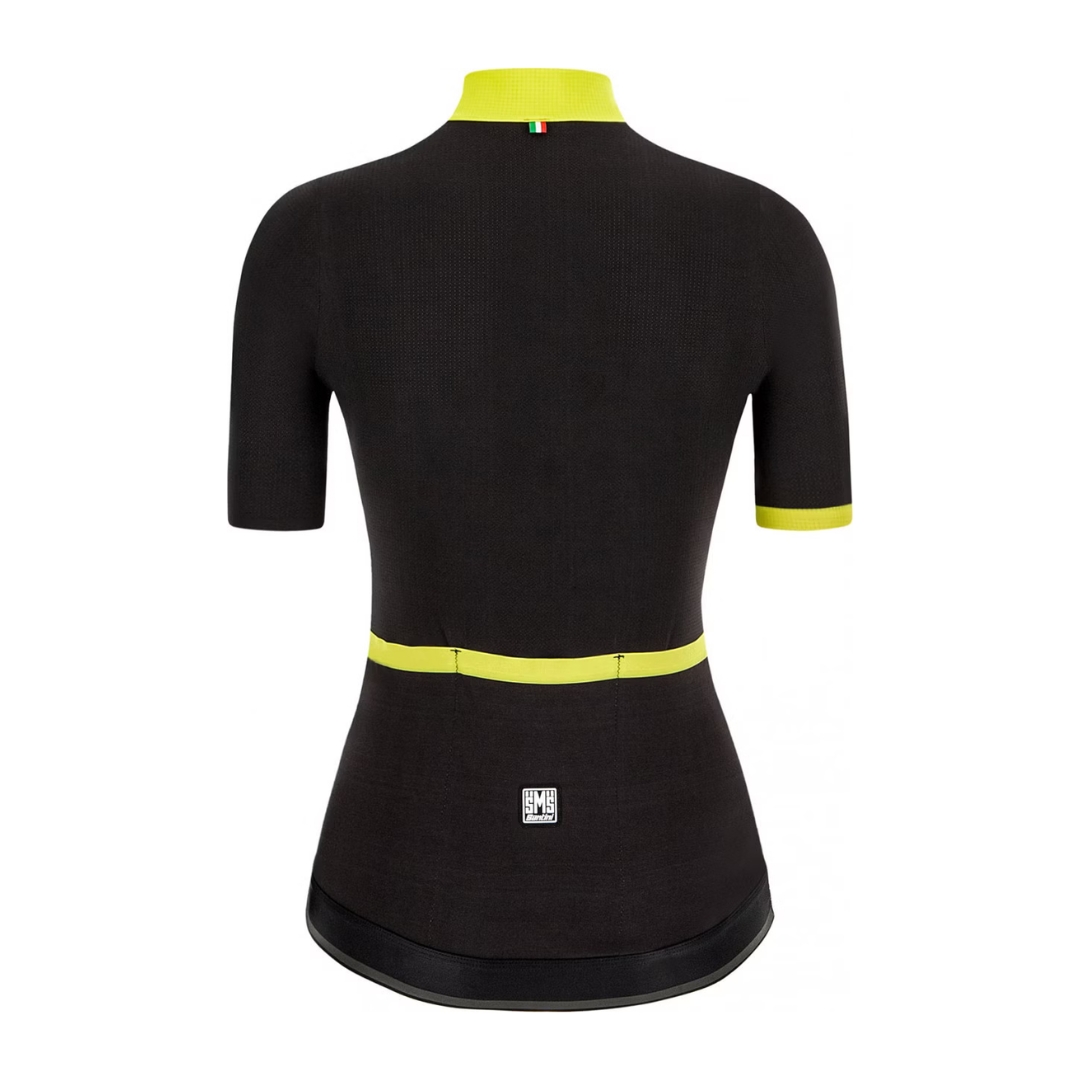 Camisola de ciclismo preta com detalhes amarelo neon e etiqueta SMS Santini nas costas