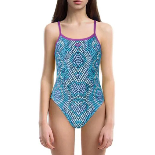 Maio de banho feminino azul com padrão geométrico e alças roxas