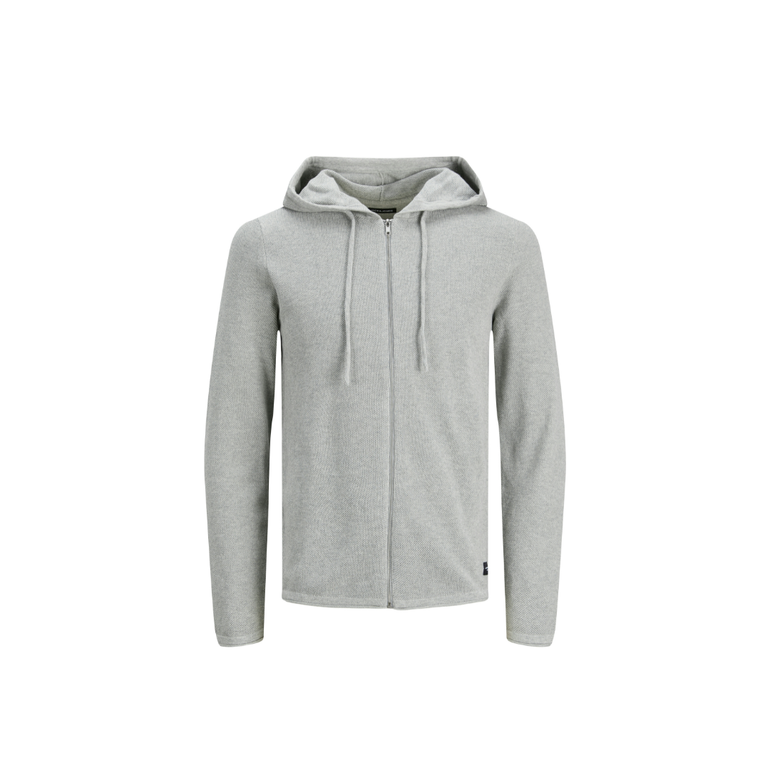 Casaco cinzento claro com capuz e fecho éclair