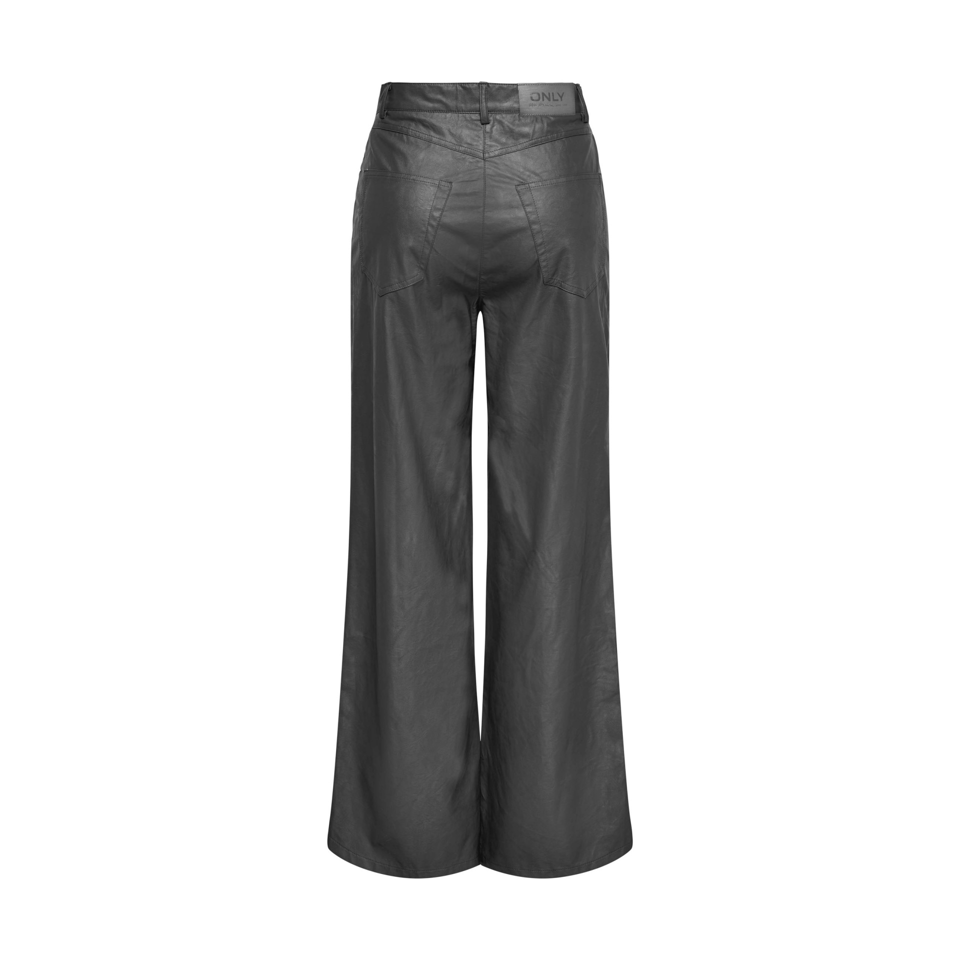 Calças pretas de tecido brilhante com corte largo vistas de costas