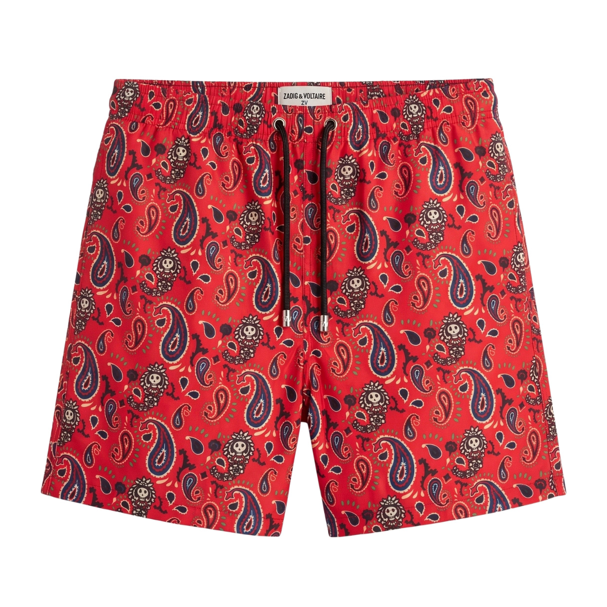 Calções de banho vermelhos com padrão paisley e cordão preto