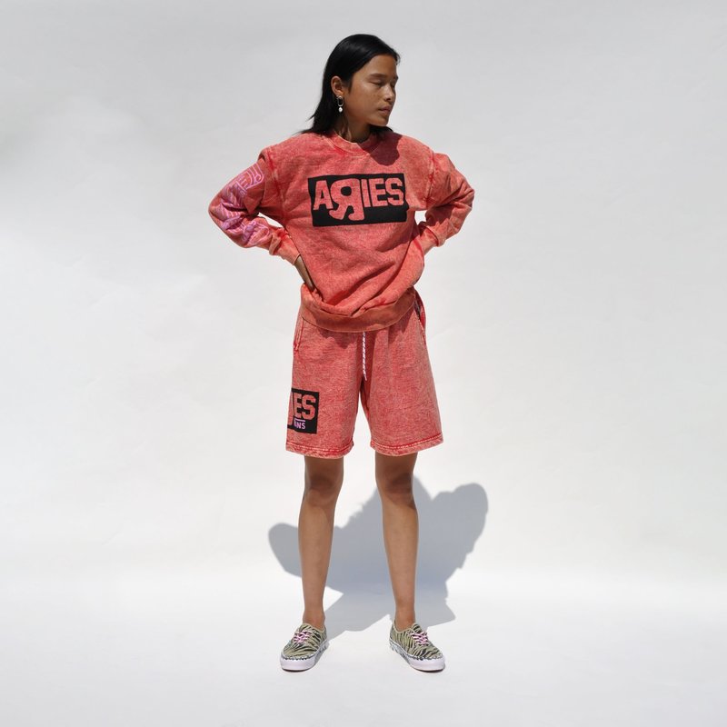 modelo com conjunto vermelho desgastado com a palavra AGRIES e ténis com padrão zebra