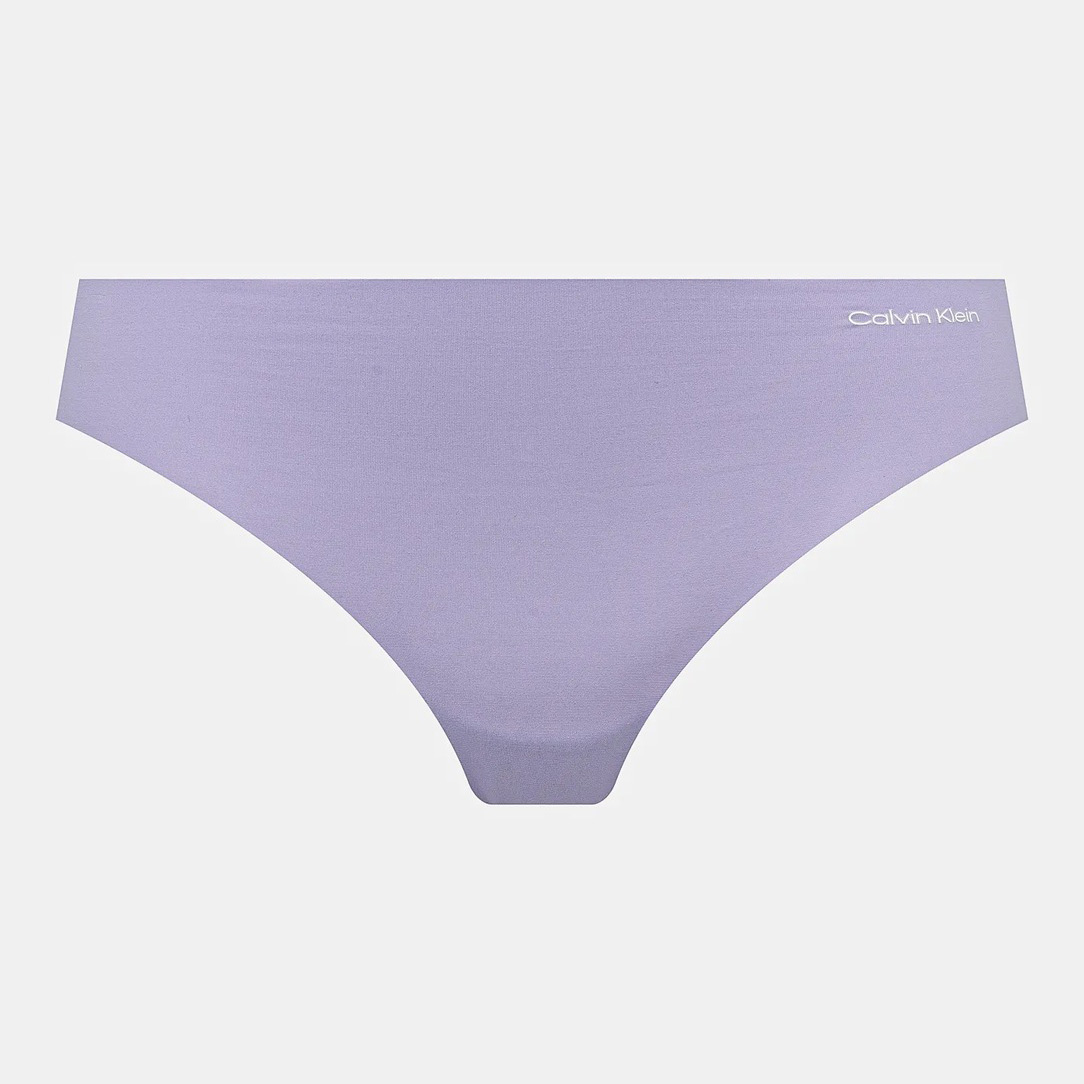 Cueca feminina tipo tanga lilás com logo Calvin Klein branco
