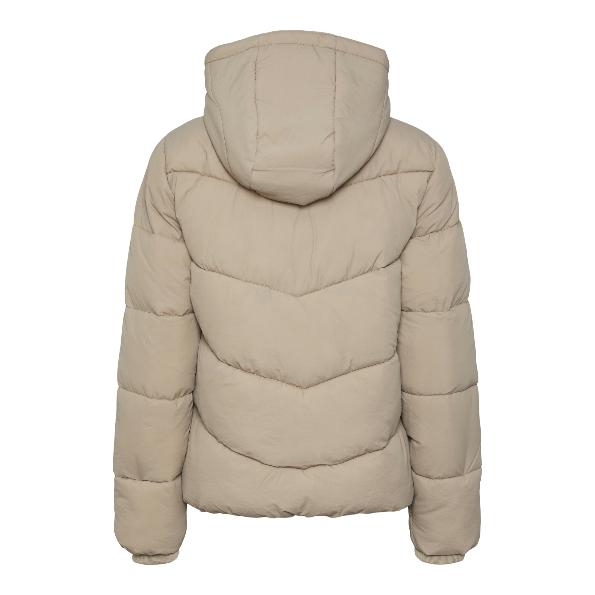 Casaco acolchoado bege com capuz visto de trás