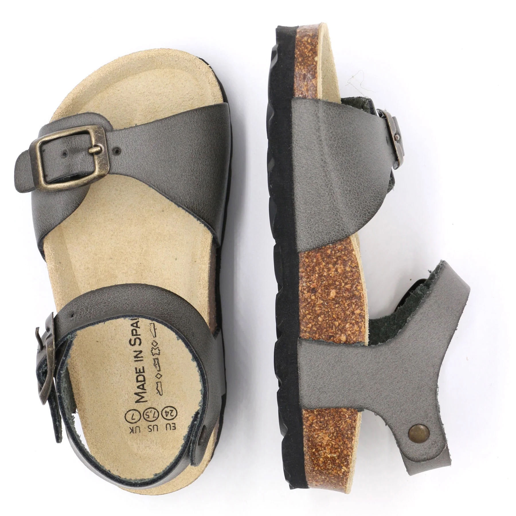 Sandálias infantis cinza escuro com sola de cortiça e fecho de fivela.