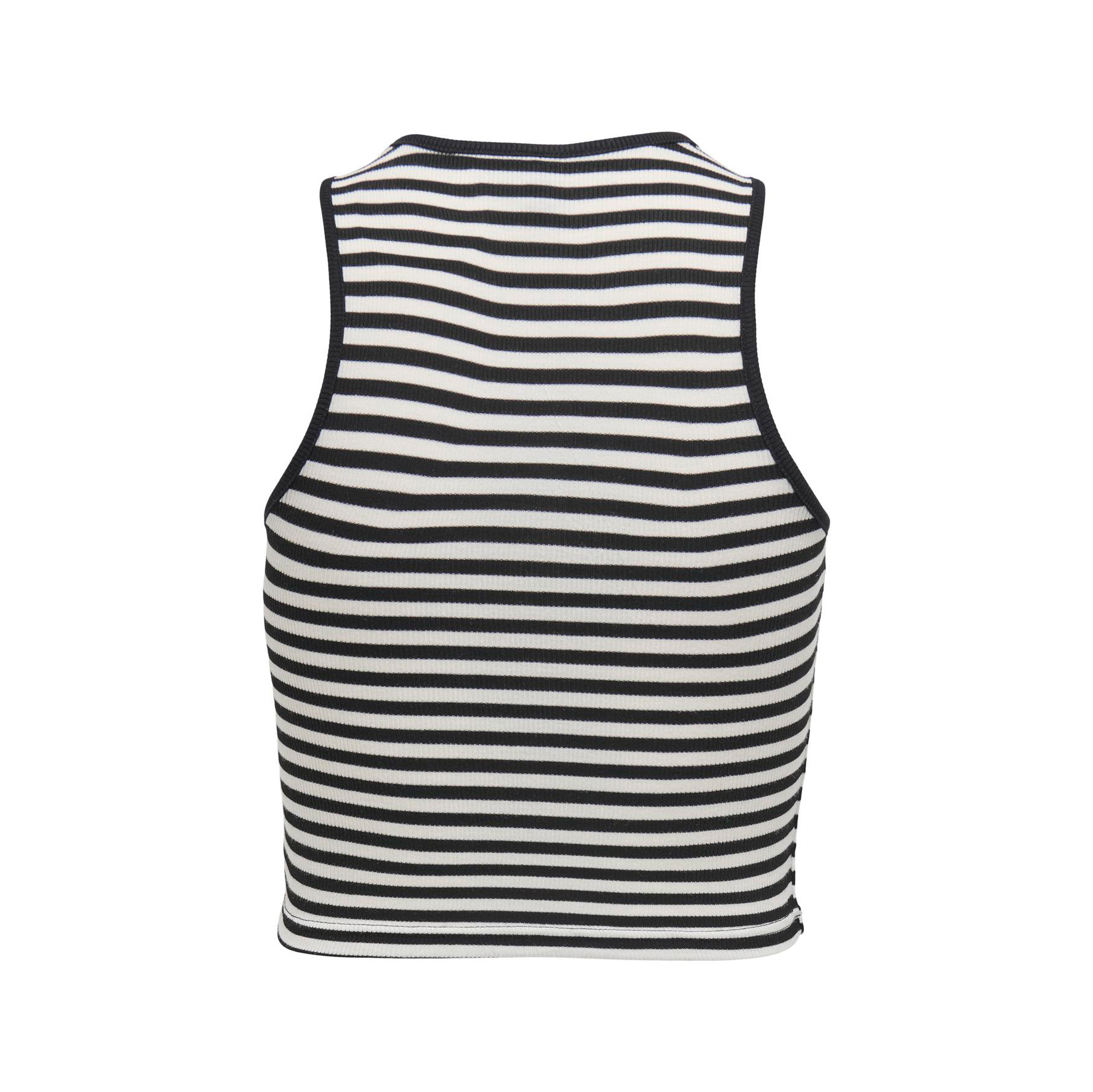 Top cropped sem mangas com riscas horizontais pretas e brancas