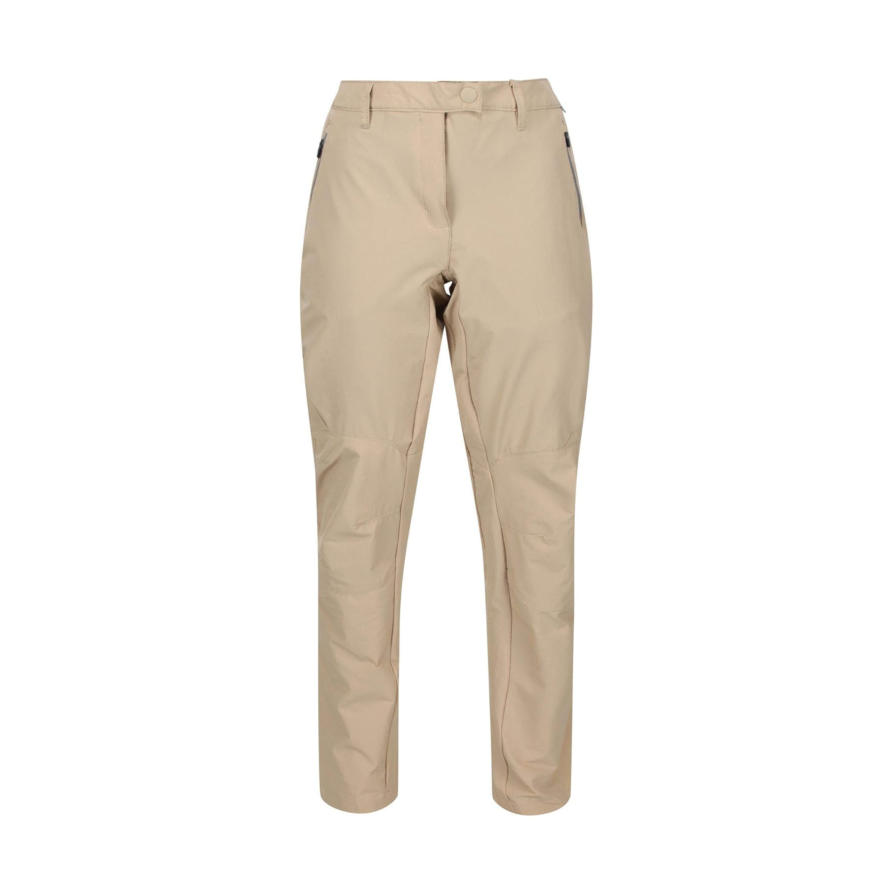 Calças bege com fecho de botão e bolsos laterais pretos