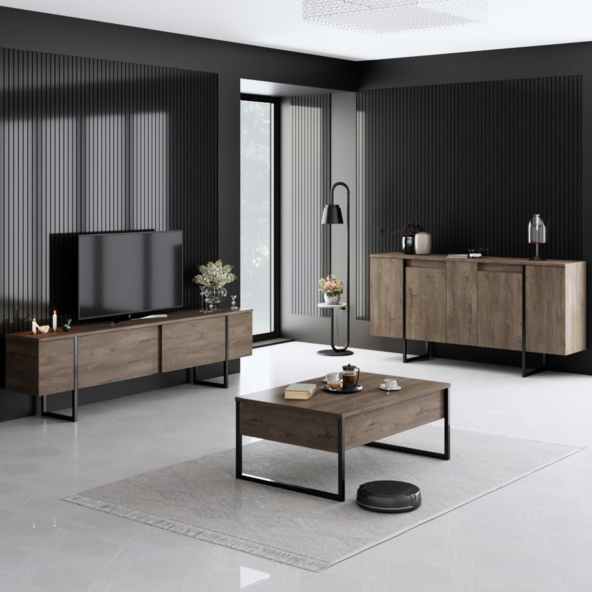 Sala moderna com móveis de madeira clara e pernas metálicas pretas