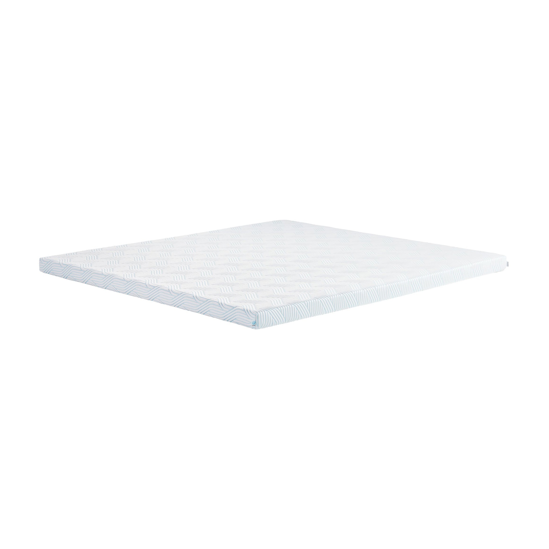 Colchão branco com padrão geométrico azul claro