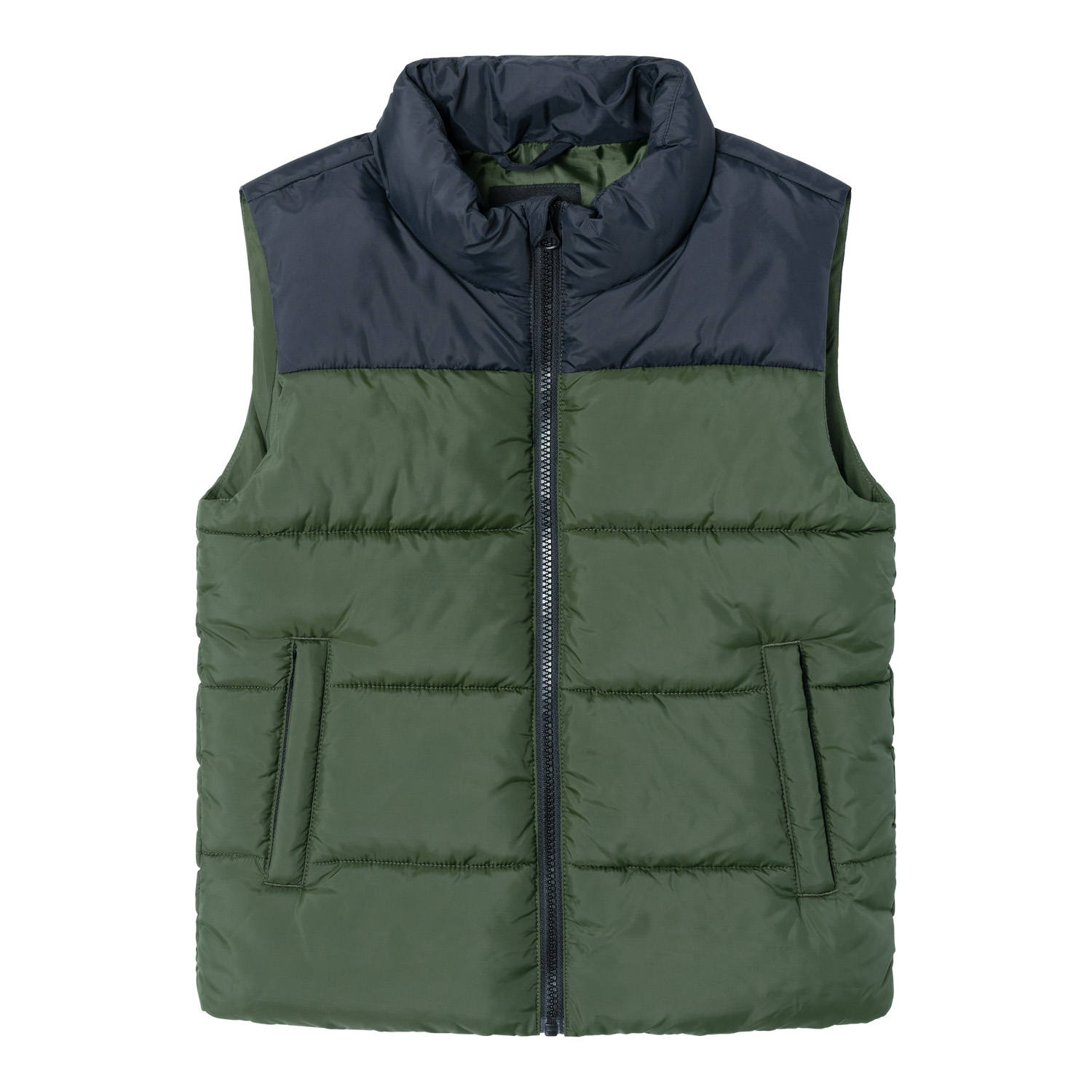 Colete acolchoado verde e azul escuro com fecho de correr