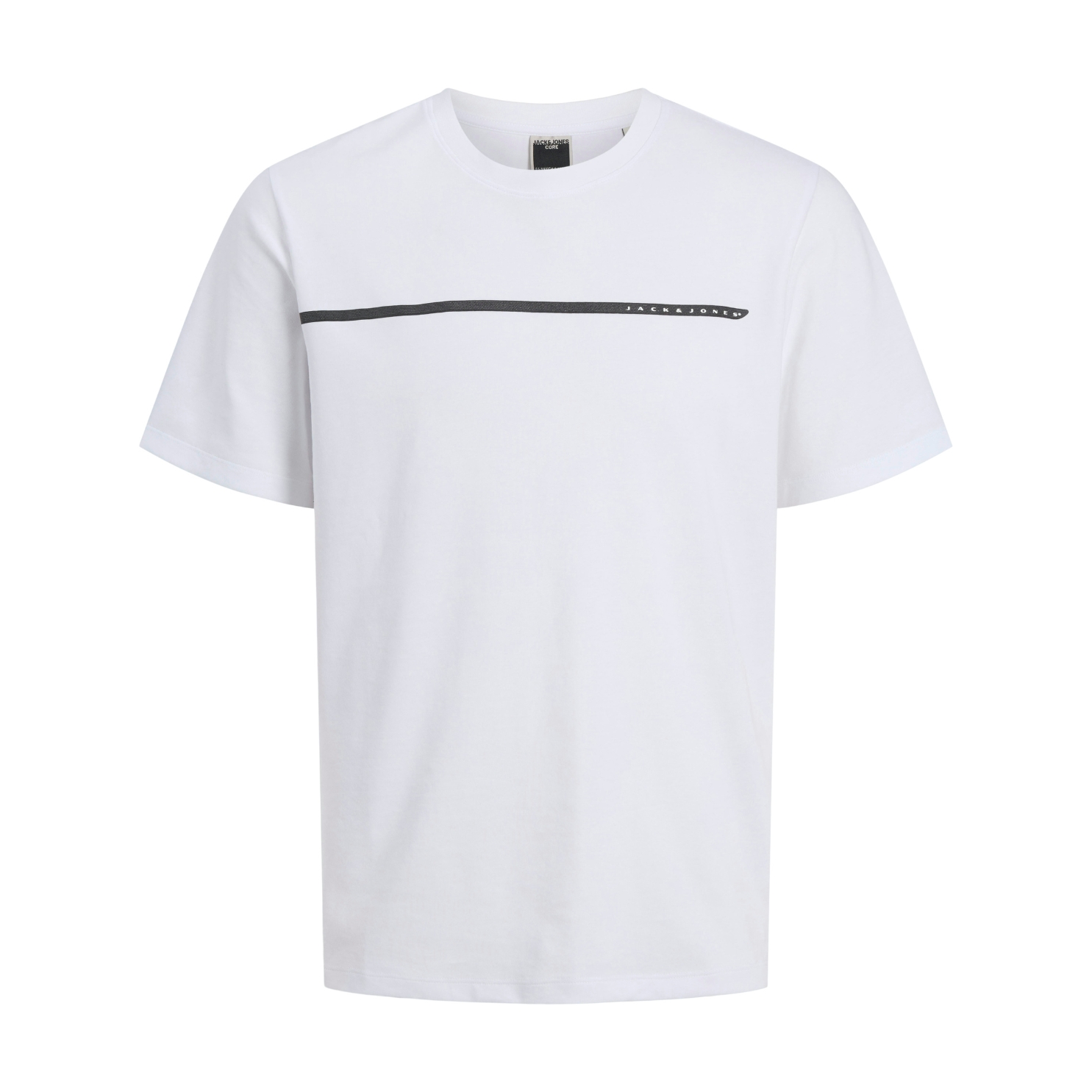 T-shirt branca com risca preta horizontal e texto DINAMICO JACK & JONES