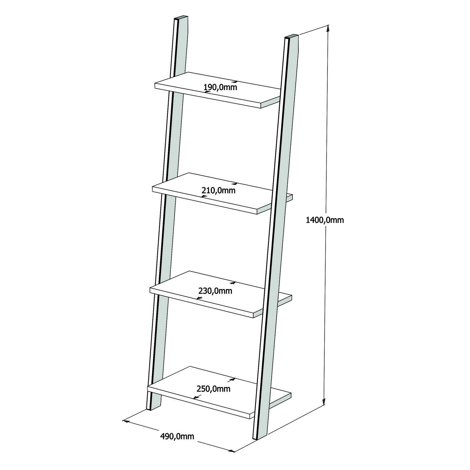 Prateleira tipo escada branca com medidas em milímetros