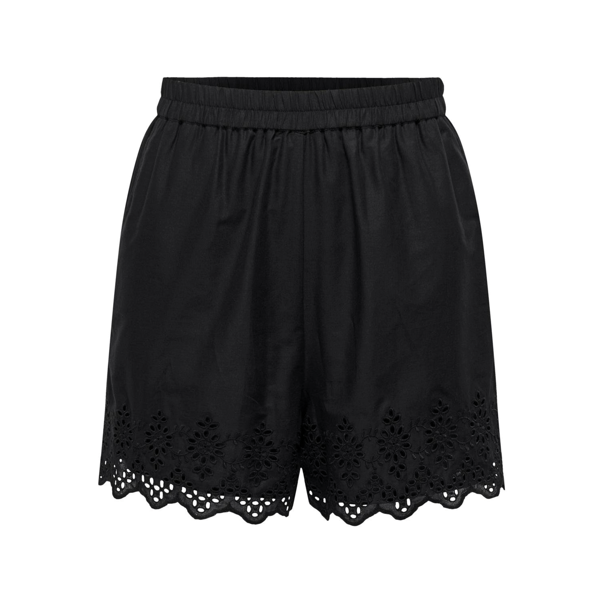 Shorts pretos com cós elástico e borda floral recortada