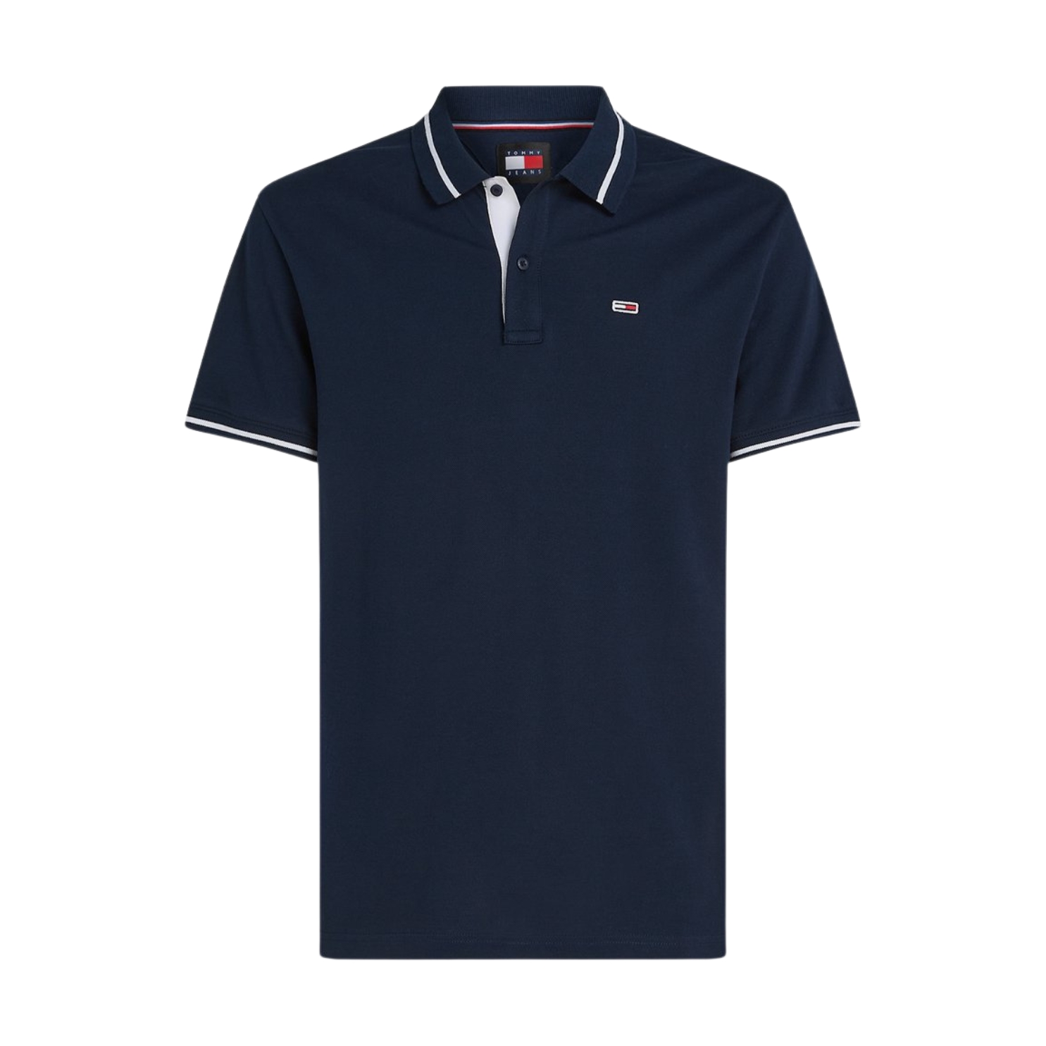 Polo azul escuro com gola e mangas com risca branca e logótipo bordado