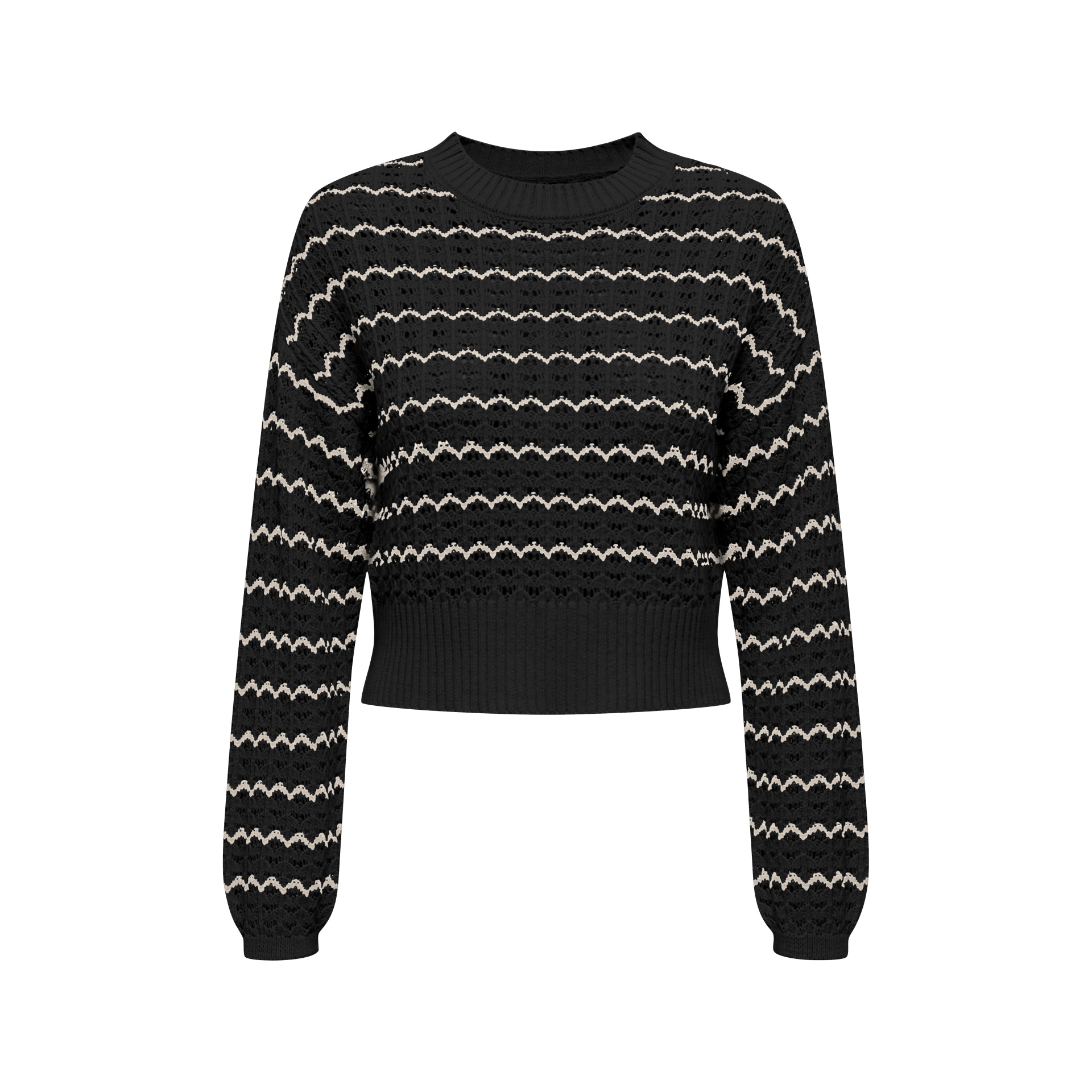 Camisola preta com riscas onduladas brancas e gola redonda