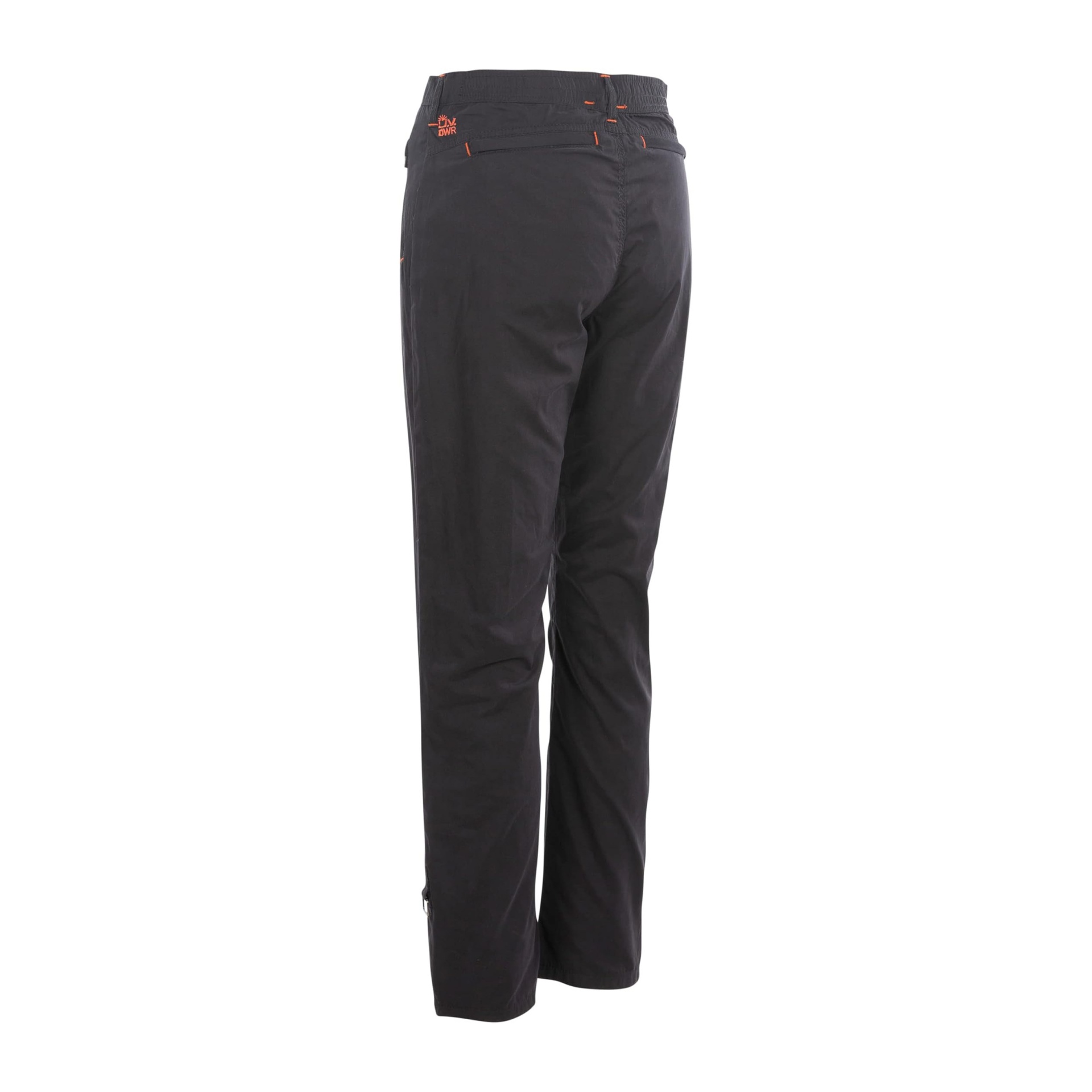 Calças negras com costuras em laranja e texto DWR na cintura