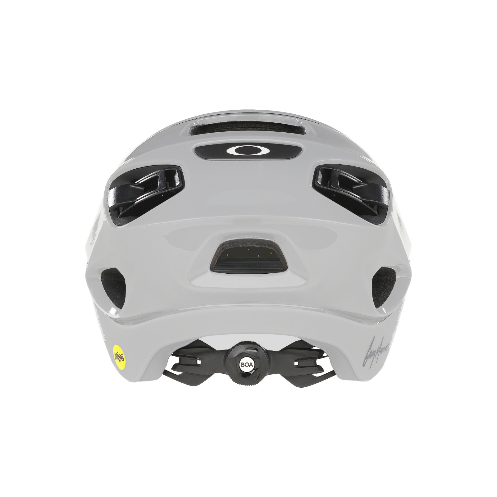 Capacete cinza para ciclismo visto de trás com detalhes pretos e logótipos