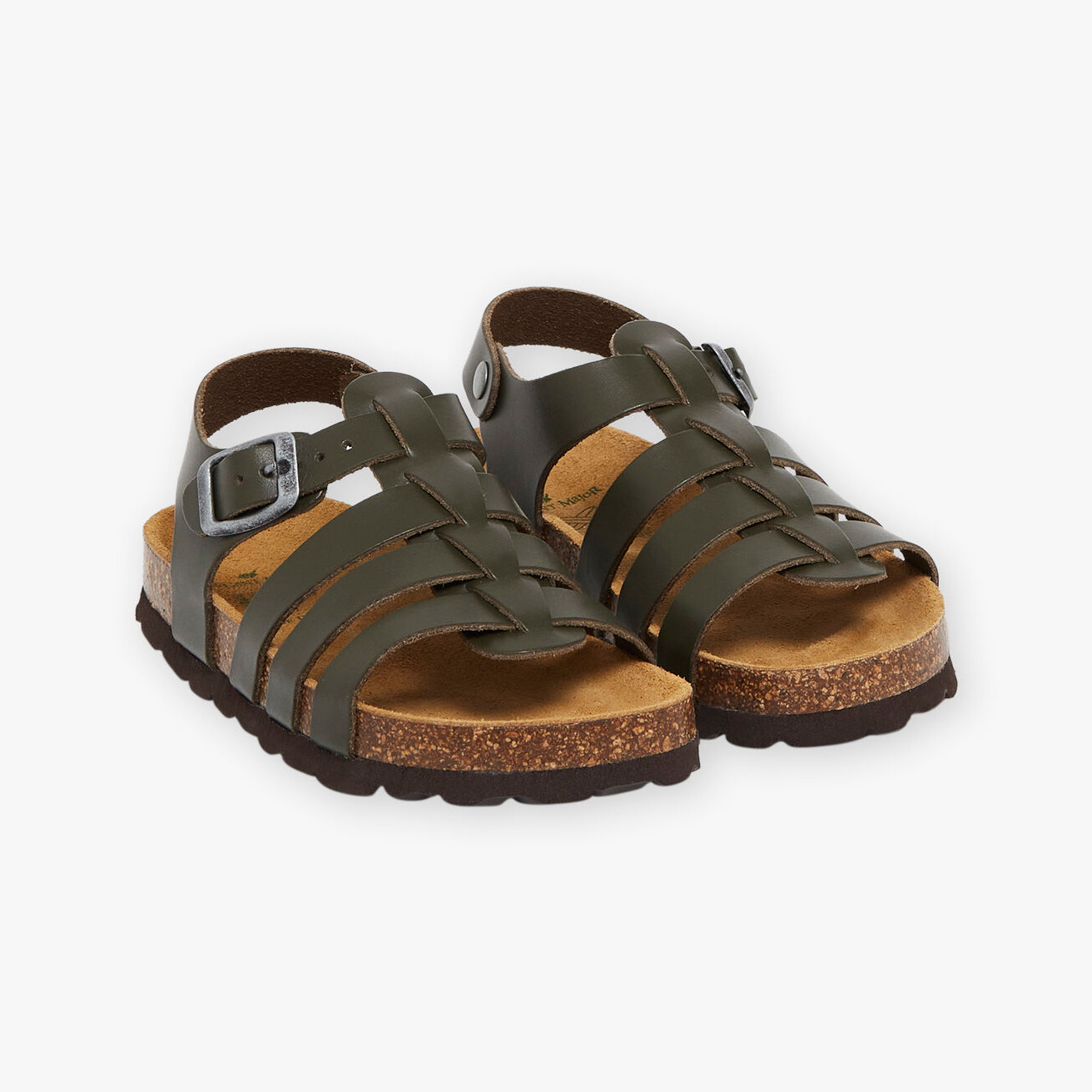 Sandálias verdes de couro com fivela e sola de cortiça