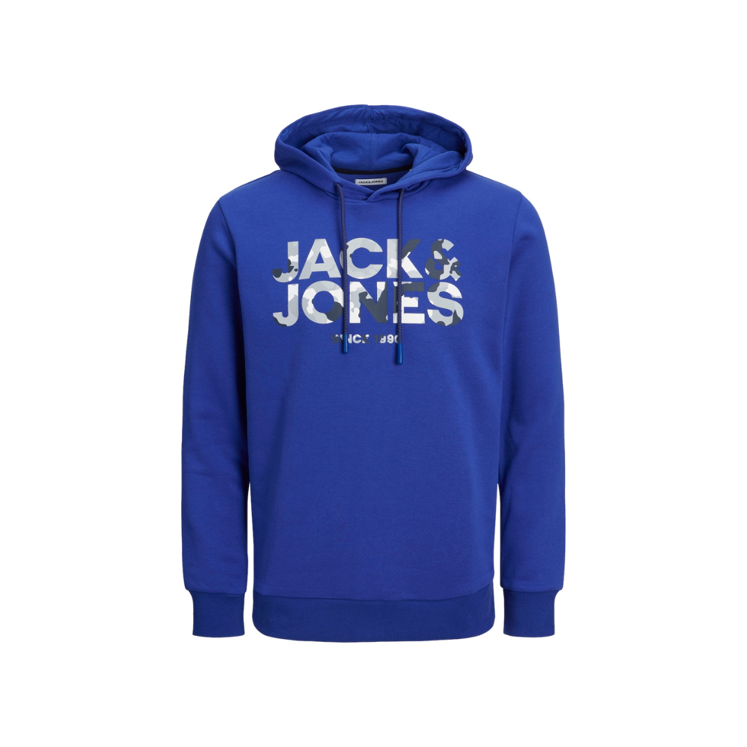 Sweatshirt azul royal com capuz e texto Jack & Jones na frente