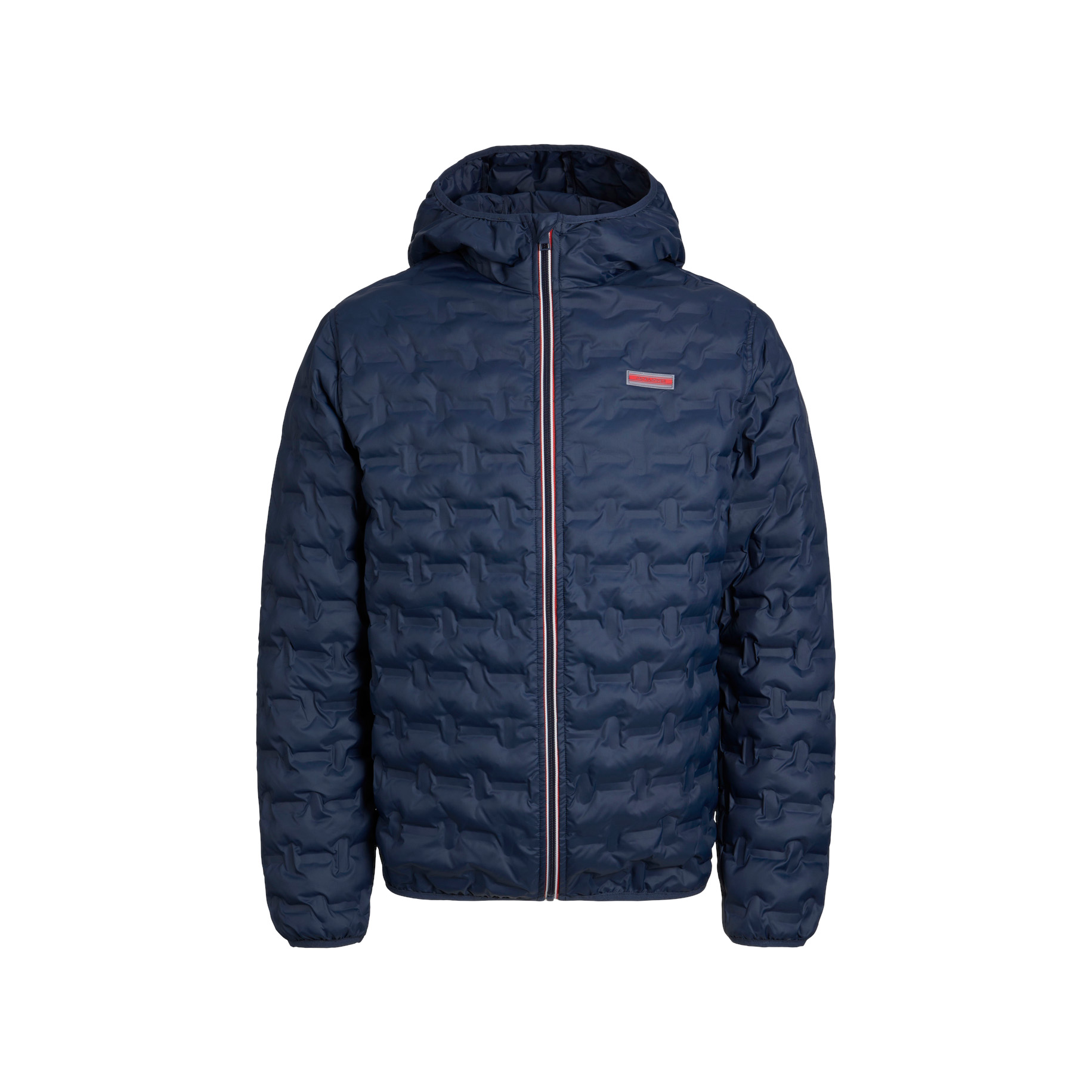 Casaco acolchoado azul escuro com capuz e fecho de correr