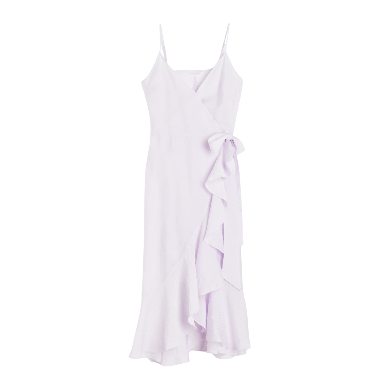 Vestido lilás claro com alças finas, laço e folhos