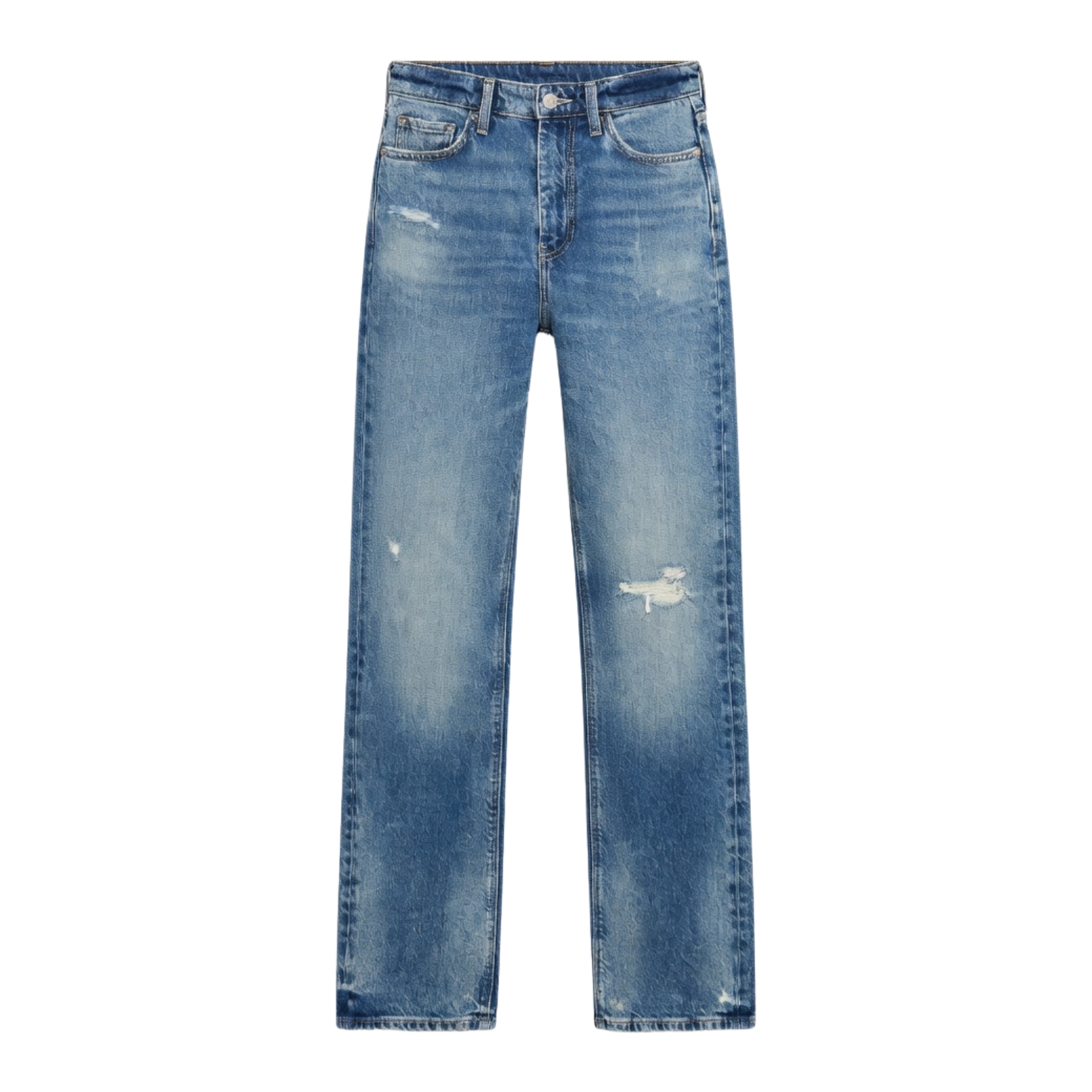 Calças de ganga azuis desbotadas com rasgos pequenos