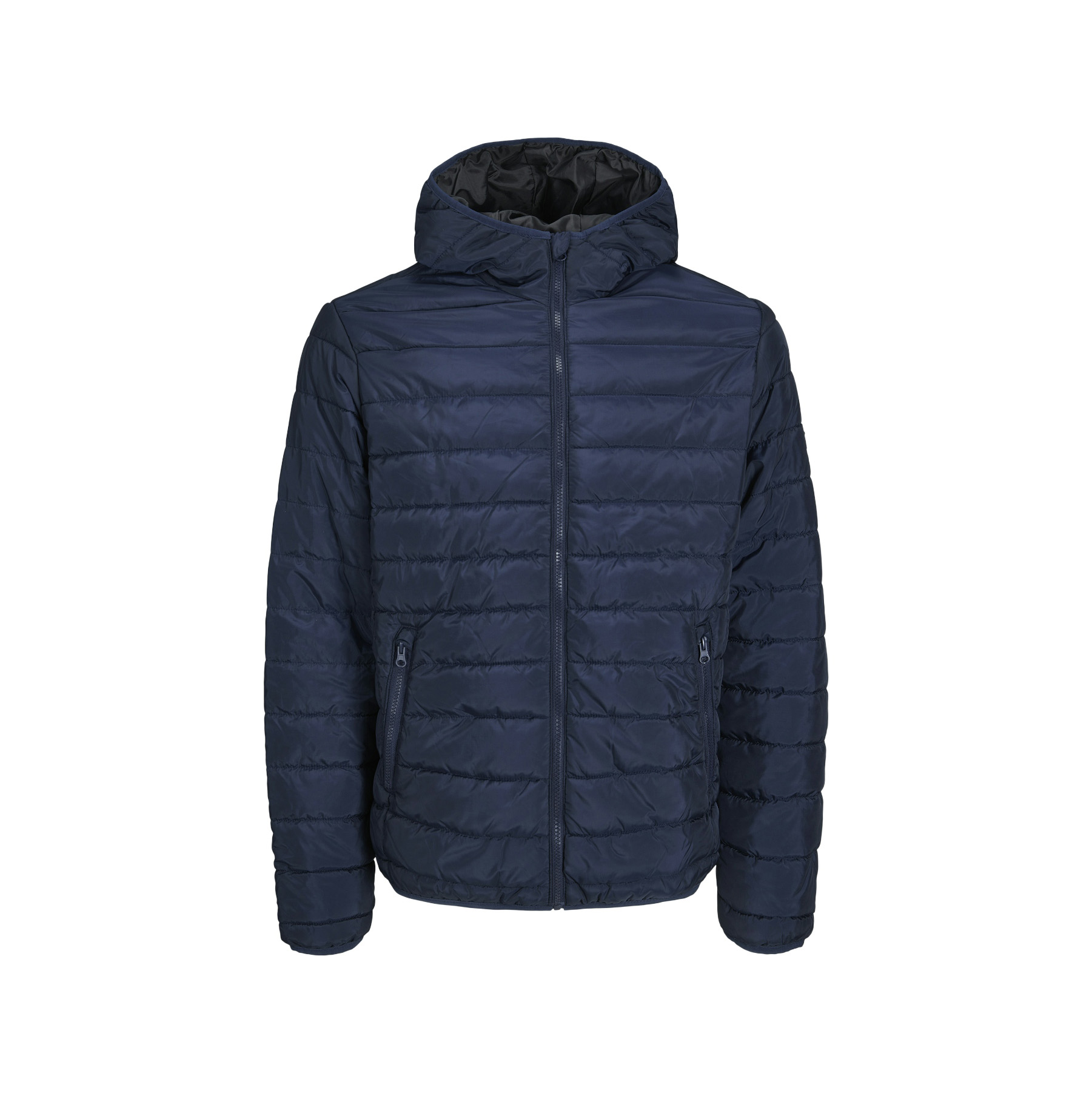 Casaco acolchoado azul escuro com capuz e fecho