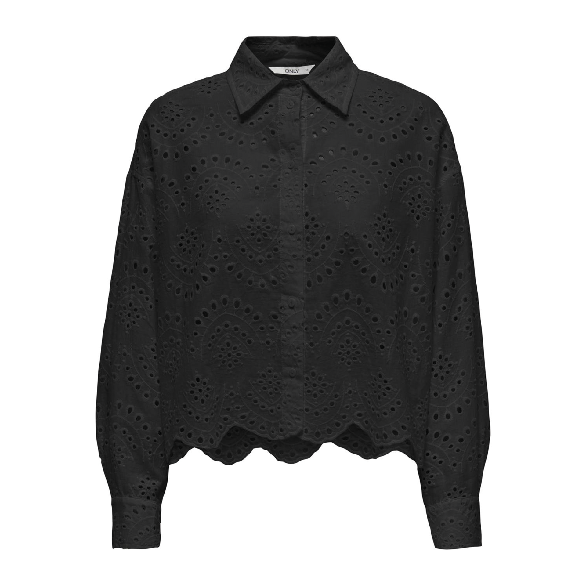 Camisa preta bordada de mangas compridas com gola e botões escondidos