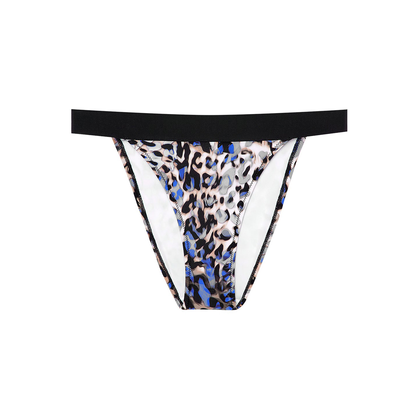 Cueca tanga feminina com padrão animal print e faixa preta na cintura.