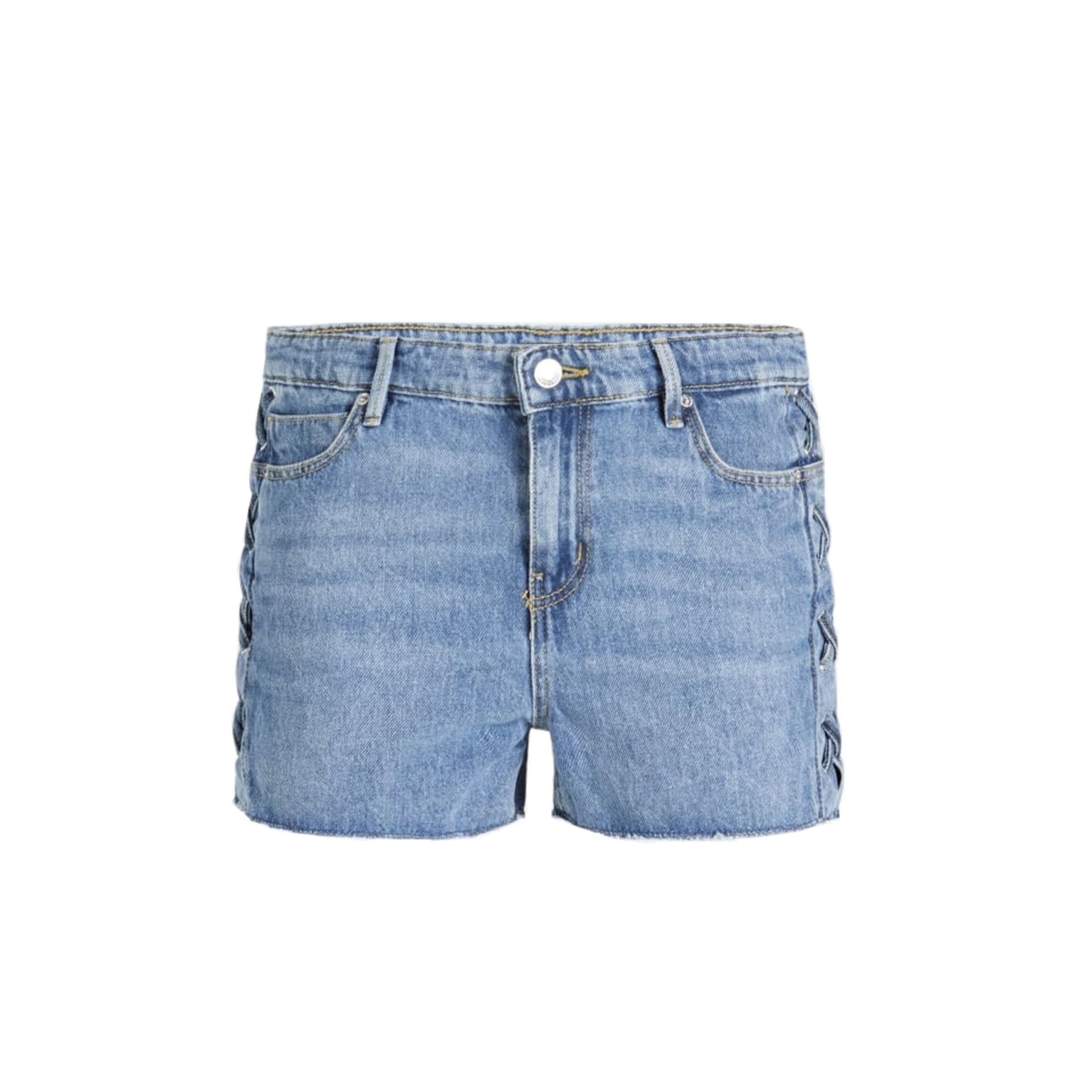 Calções de ganga azuis claros com detalhes trançados nas laterais.