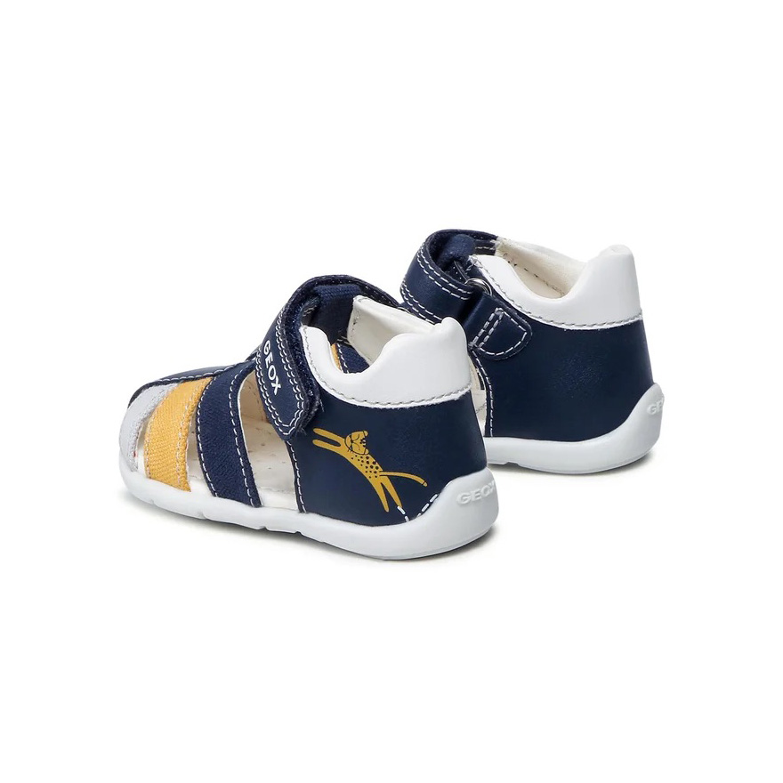 Sandálias bebé azul, branca e amarela com fecho de velcro e sola branca