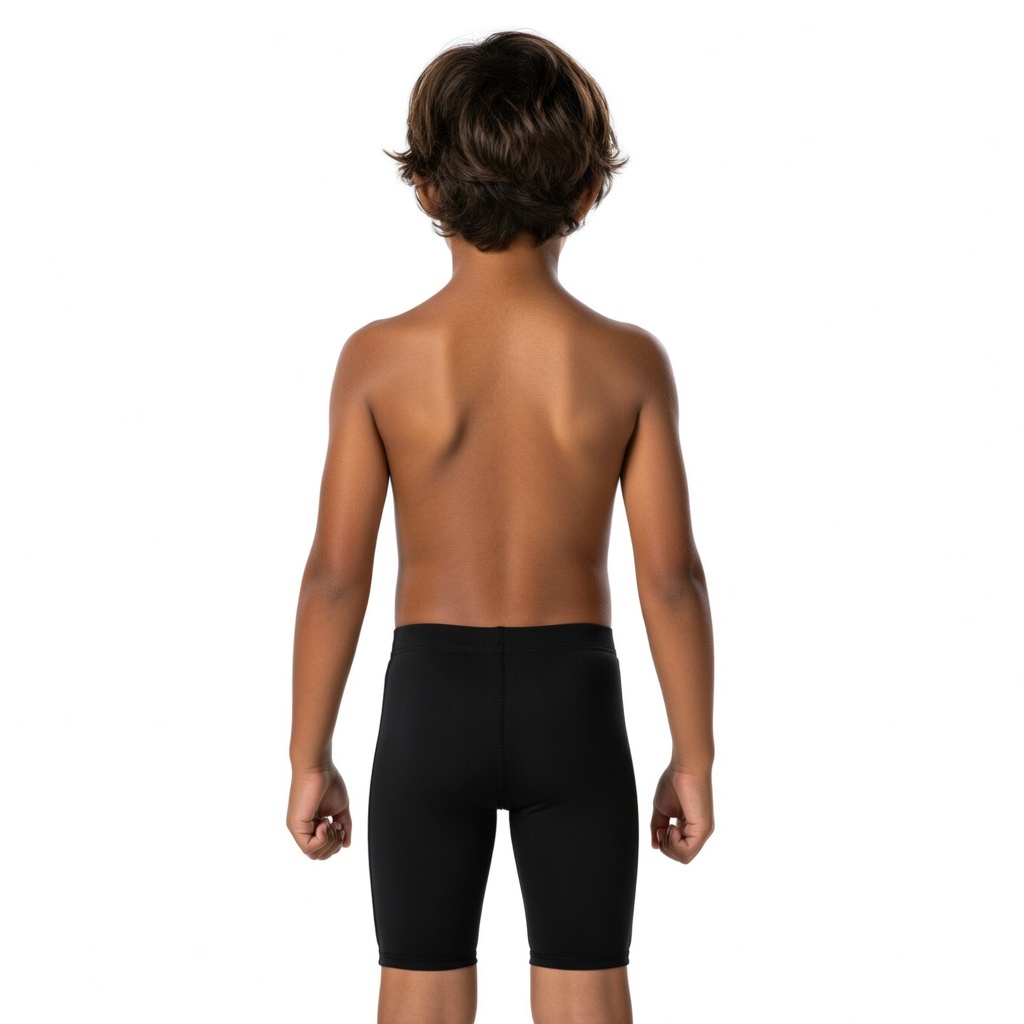 Rapaz de costas com calções de banho pretos.