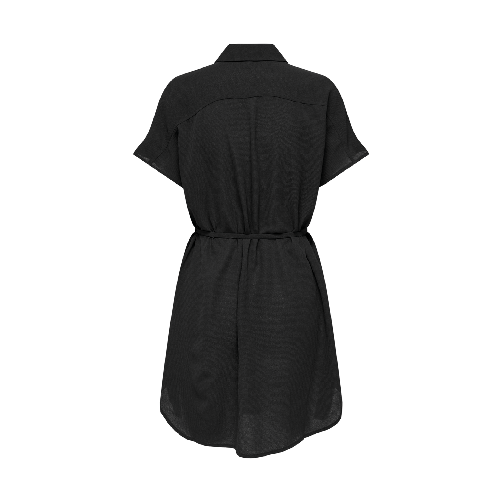 Vestido preto curto com mangas curtas e cintura ajustada visto de costas