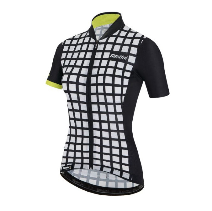 Camisola ciclismo Santini quadriculada preto e branco com detalhes amarelo-limão