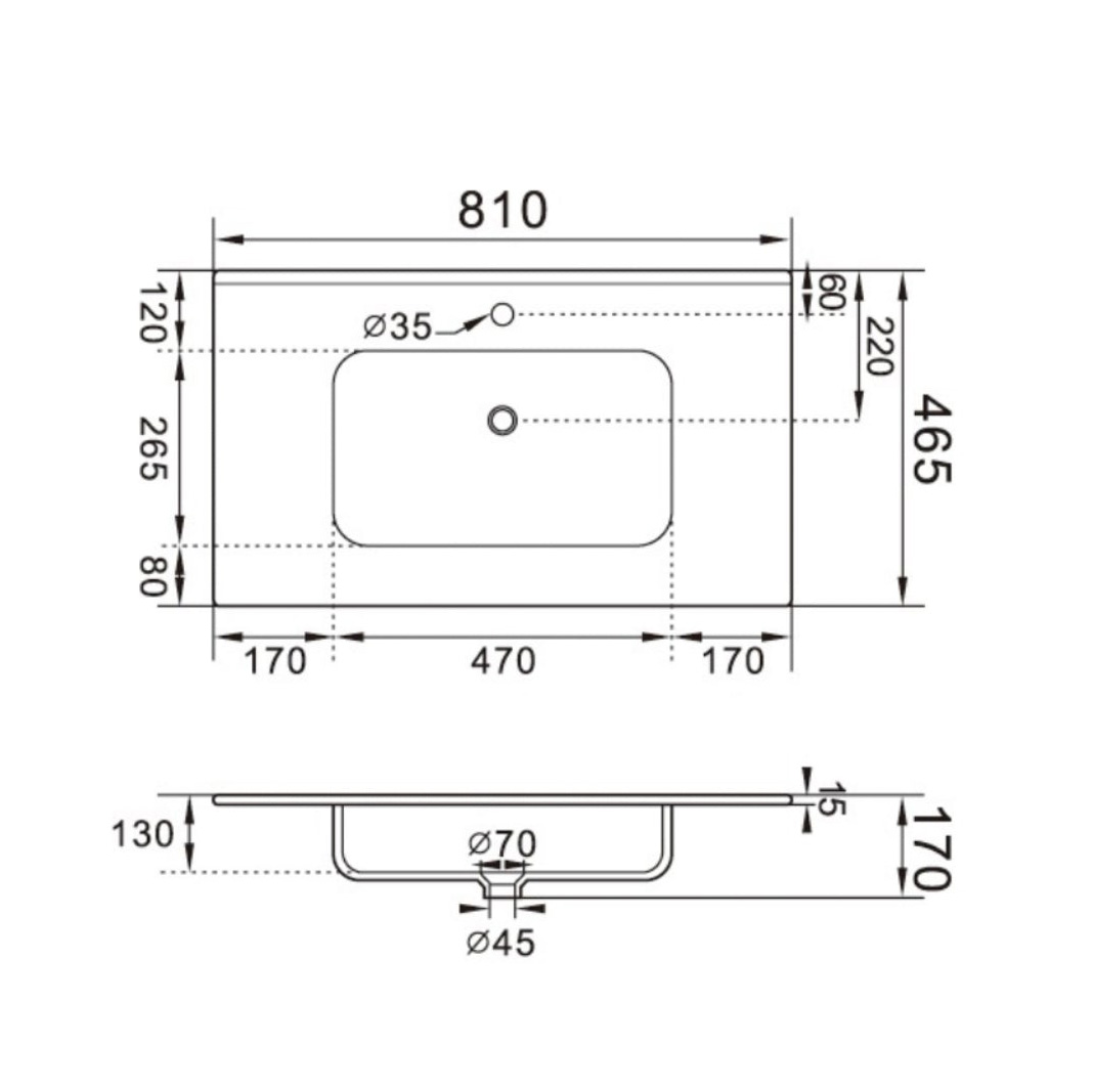 Esquema técnico com medidas do lavatório retangular.