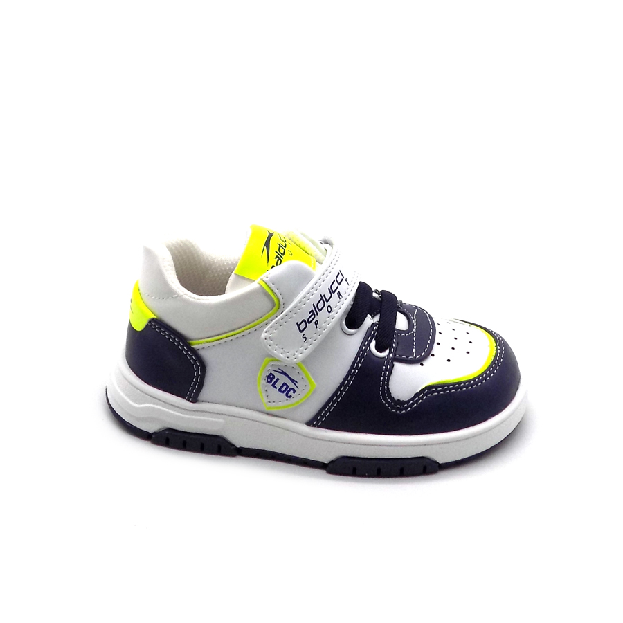 Sapatilha desportiva infantil azul, branca e amarela com velcro e atacadores