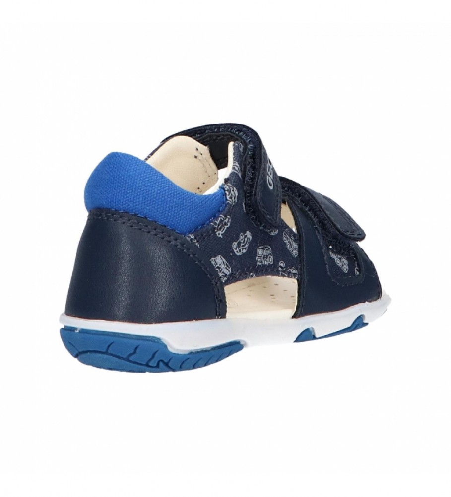 Sandália infantil azul com velcro e padrão branco