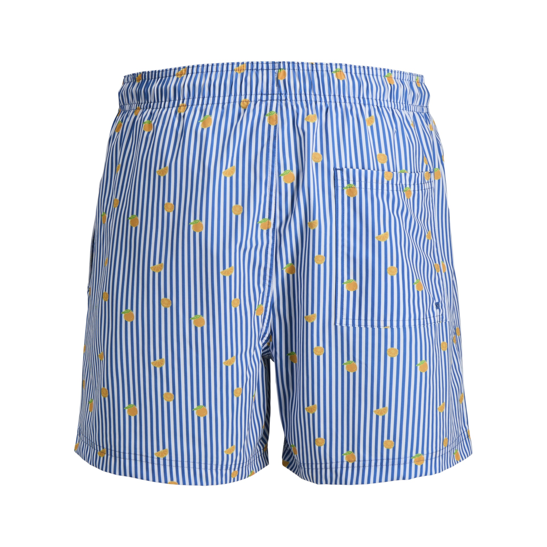 Calções de banho azul e branco com padrão de laranjas e riscas