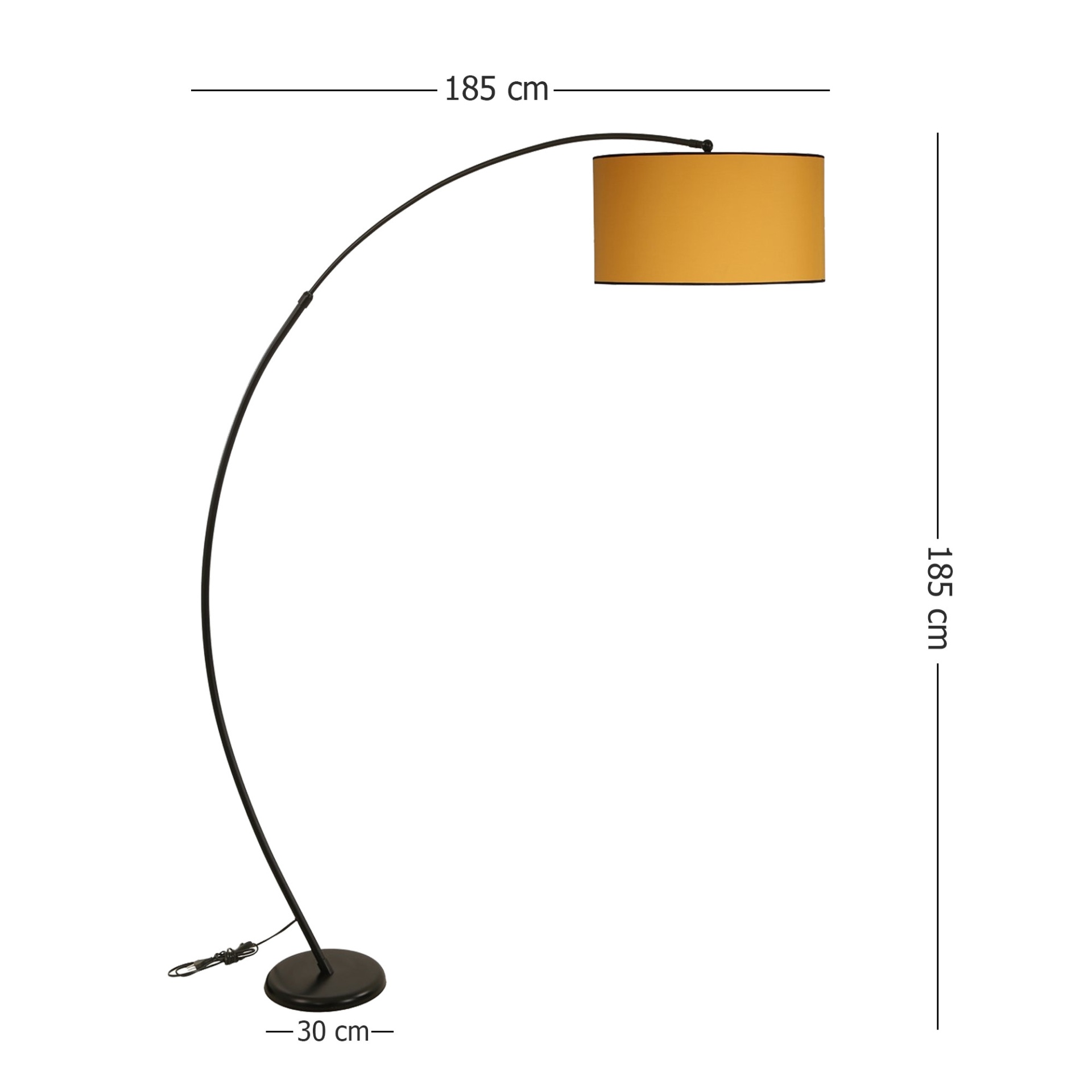 Candeeiro de pé arqueado com cúpula amarela e base preta.