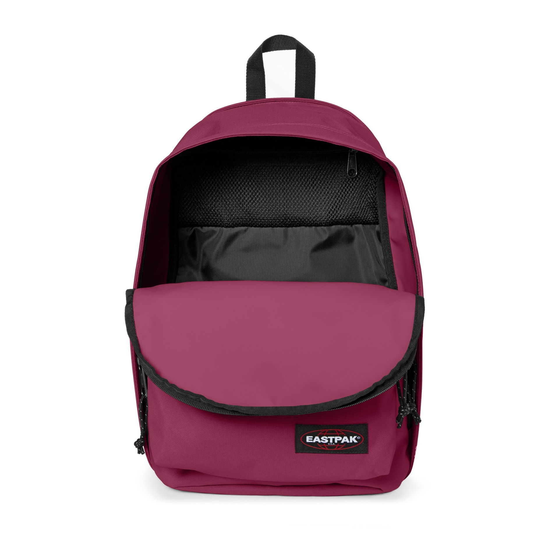 Mochila Eastpak rosa escuro com bolso frontal e interior preto