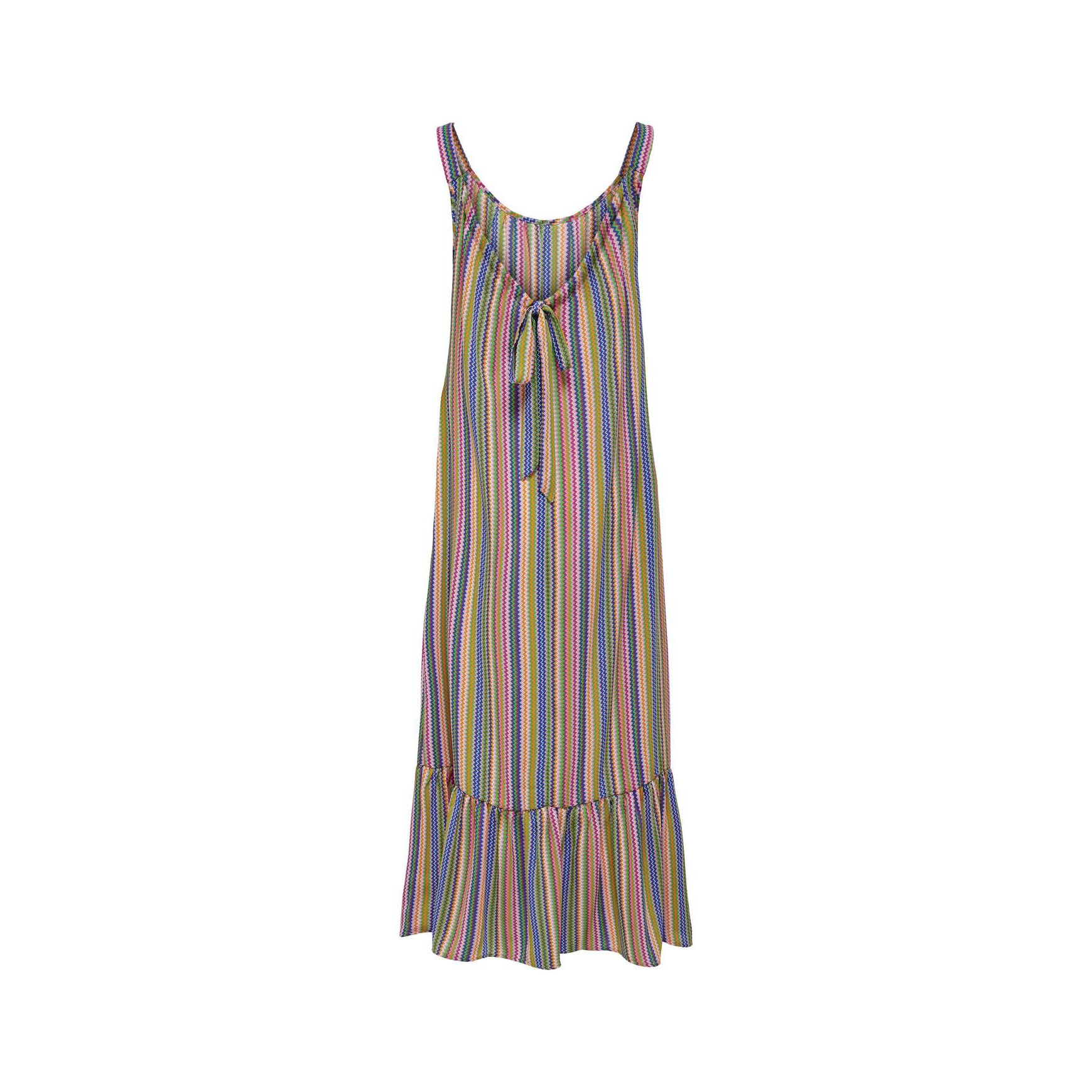 Vestido longo riscas verticais coloridas com nó e volante na barra