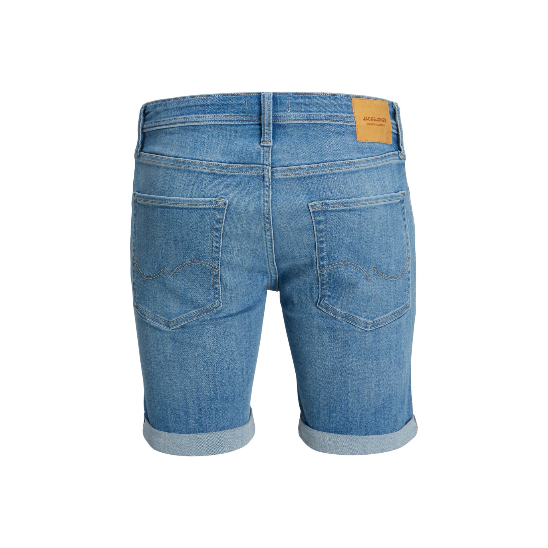 Calções de ganga azuis com bainha virada e etiqueta castanha