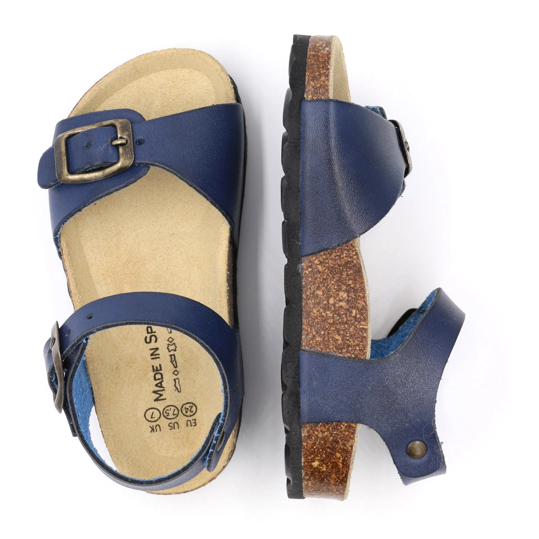 Sandálias azuis com sola de cortiça e fivelas metálicas