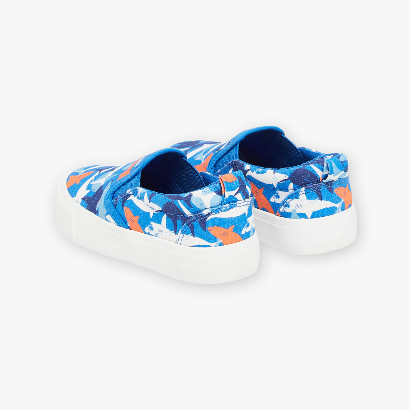 Sapatilhas infantis com padrão floral azul, branco e laranja