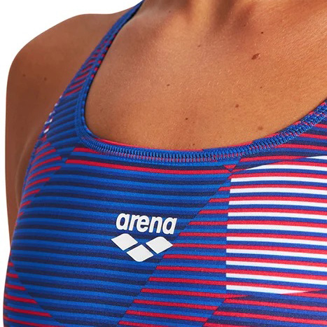 Fato de banho feminino azul, vermelho e branco com logo arena.